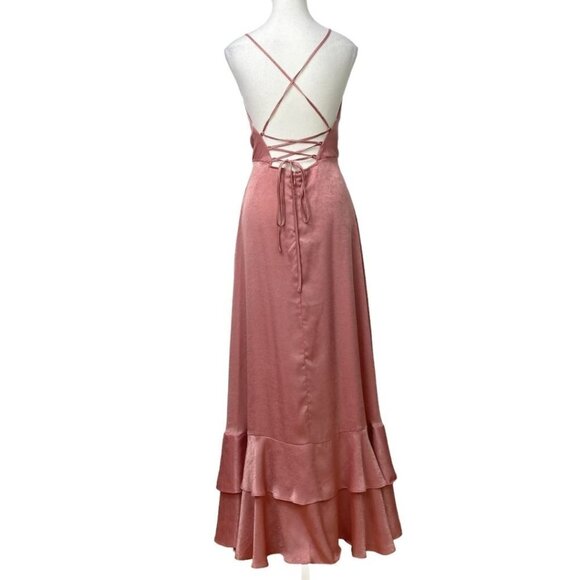 LULUS IN LOVE FOREVER ROSE PINK SATIN LACE-UP HIGH LOW RUFFLE FORMAL DRESS - S - Picture 4 of 10